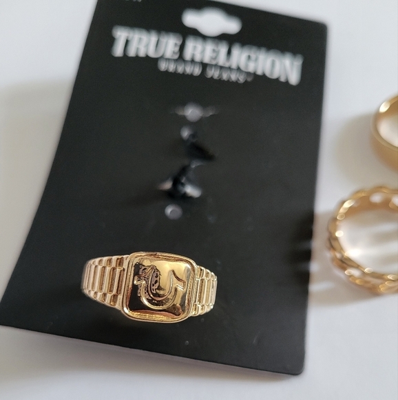 True Religion Gold Color Metallic Thick 3 Pack Logo Rings - Picture 6 of 7